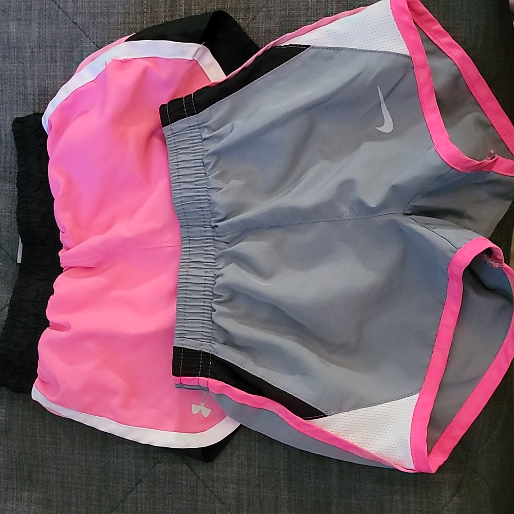 Girls sport shorts, Underarmor, Nike, pink, gray.